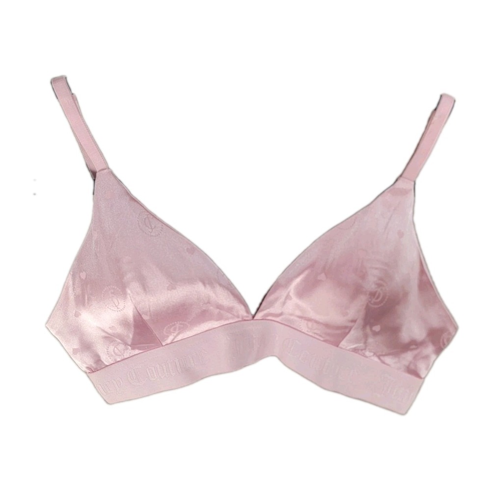 Juicy Couture Bralette M Baby Pink Satin Monogram Logo Band Wireless Bra Y2K